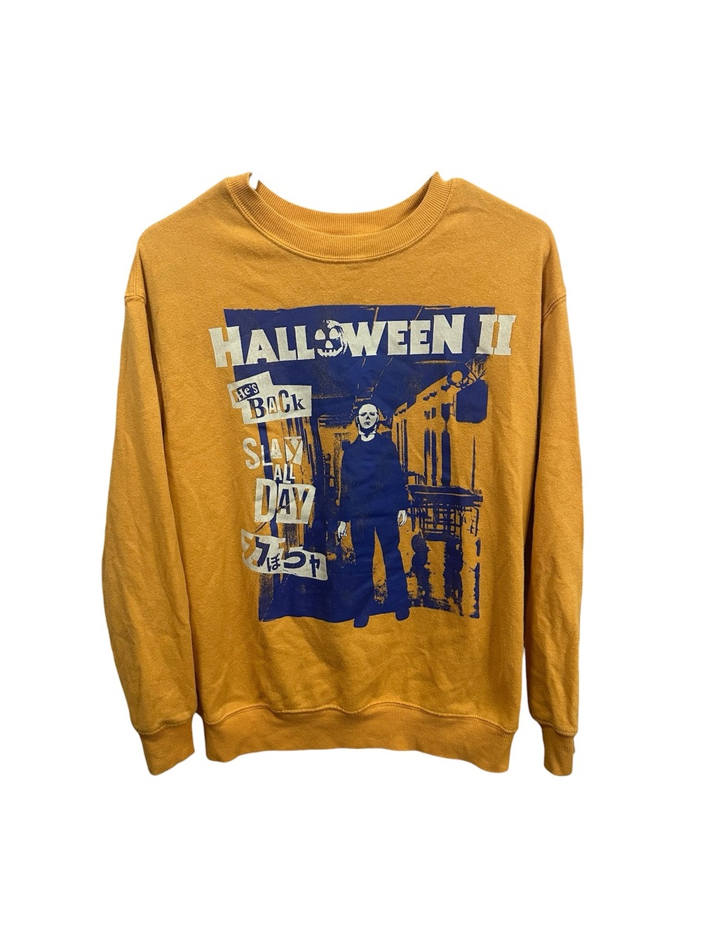 Halloween II He’s Back Slay All Day Yellow And Blue Sweatshirt Small
